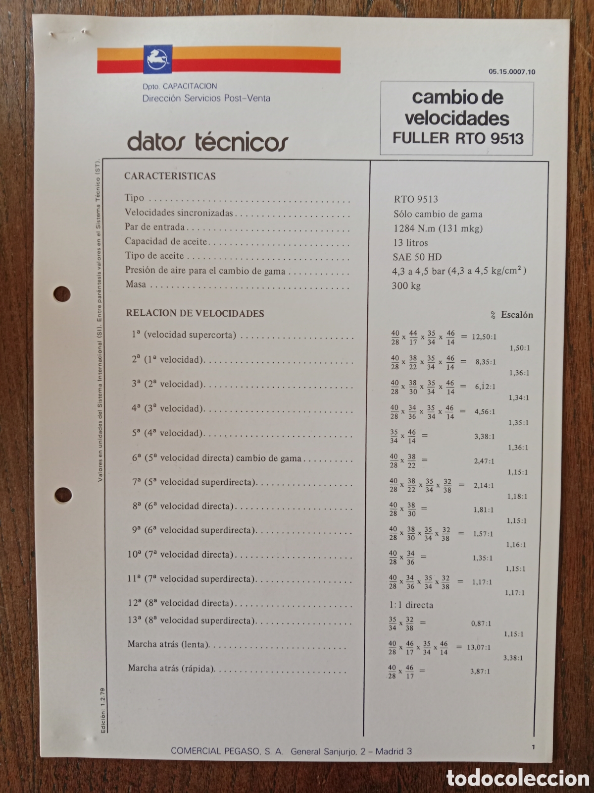 Coches y Motocicletas: Datos t&eacute;cnicos caja Cambios de velocidades Fuller Rto 9513 Pegaso cami&oacute;n