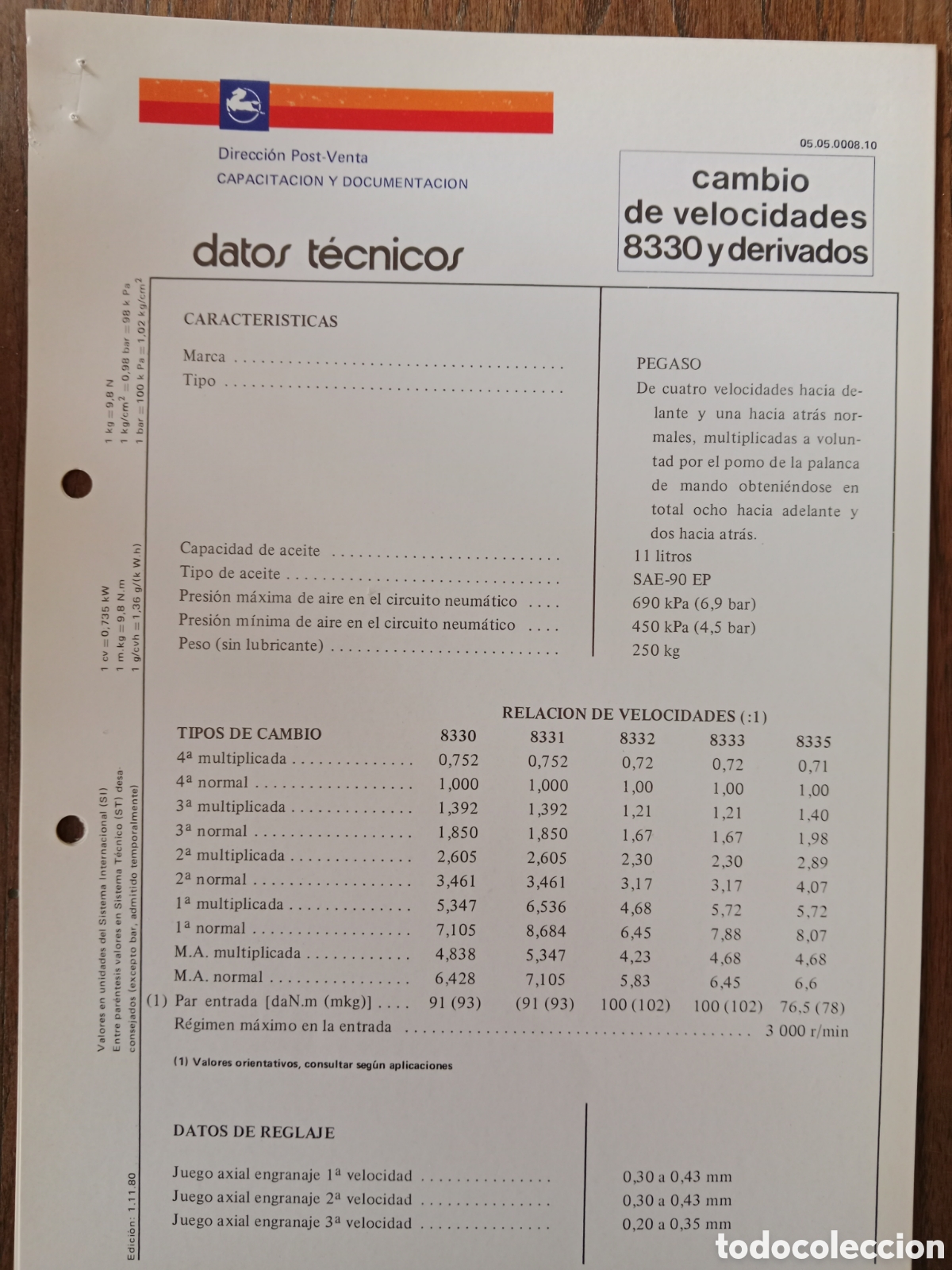 Coches y Motocicletas: Datos t&eacute;cnicos caja cambios de velocidades 8330 Pegaso cami&oacute;n de 1980