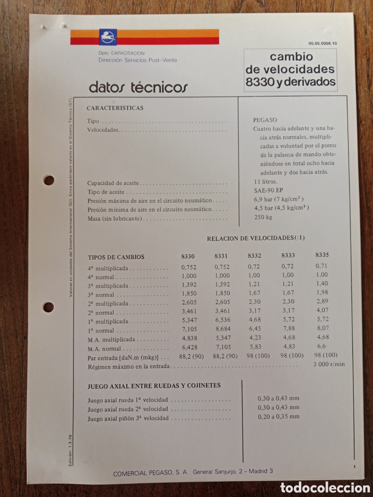 Coches y Motocicletas: Datos t&eacute;cnicos caja cambios de velocidades 8330 Pegaso cami&oacute;n de 1979