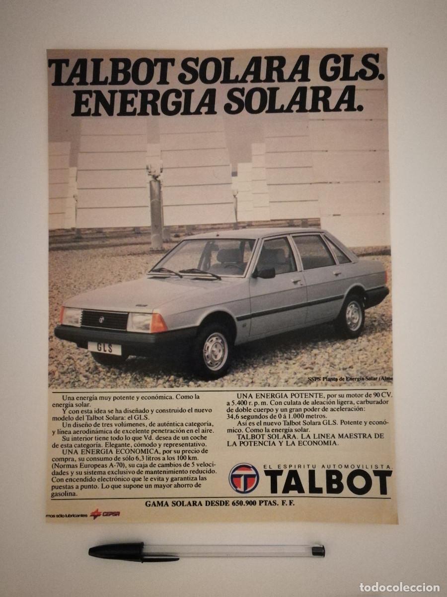 Voitures et Motocyclettes: ANTIGUO ANUNCIO ENCARTONADO -A4- TALBOT SOLARA GLS - COCHE
