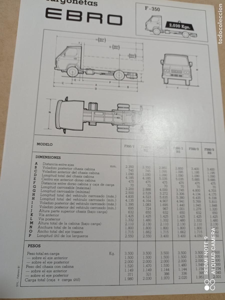 Automobili e Motociclette: HOJA TECNICA FURGONETAS EBRO F-350. 21 X 30 CM APROX.