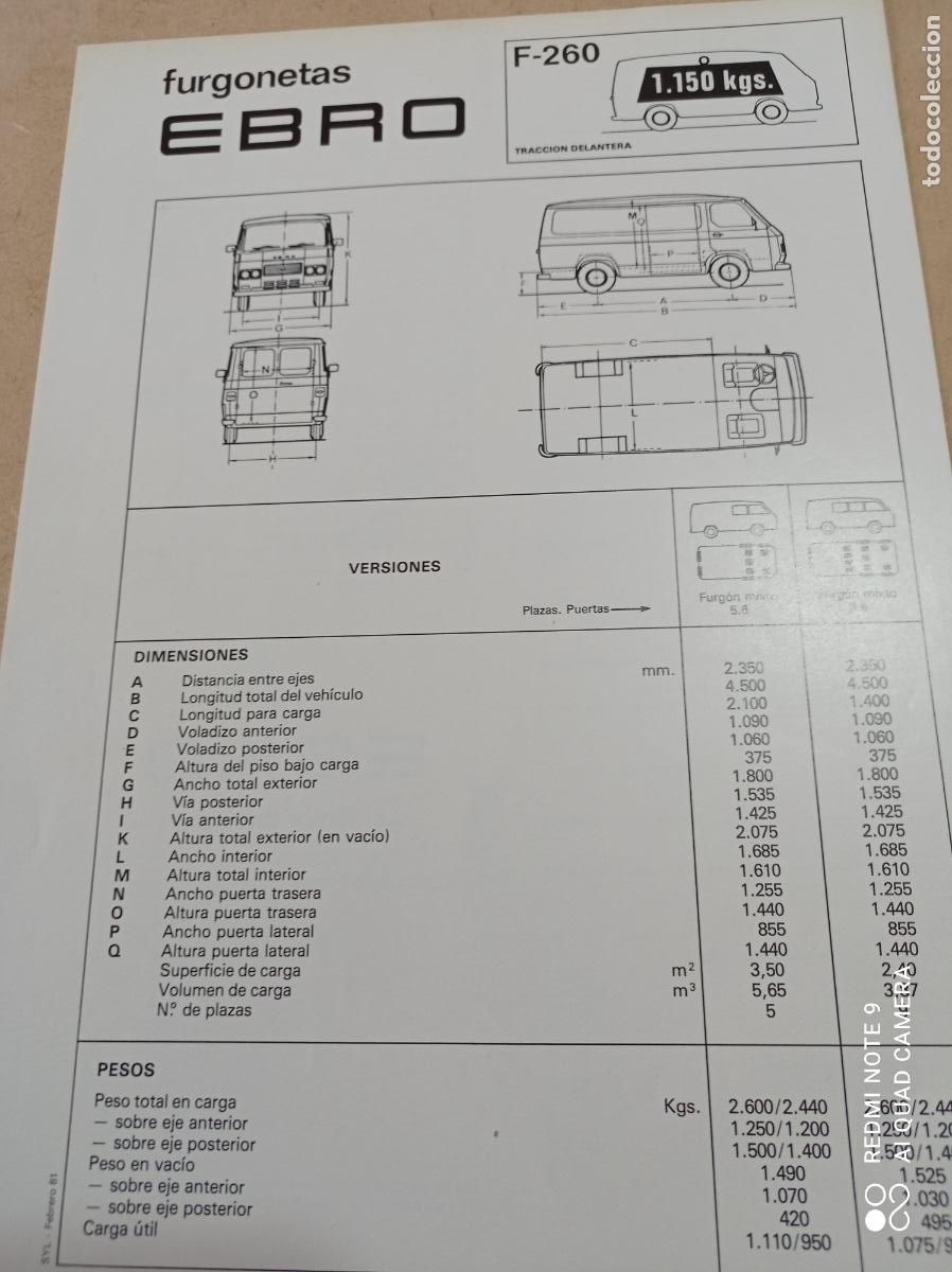 Automobili e Motociclette: HOJA TECNICA FURGONETAS EBRO F-260. 21 X 30 CM APROX.