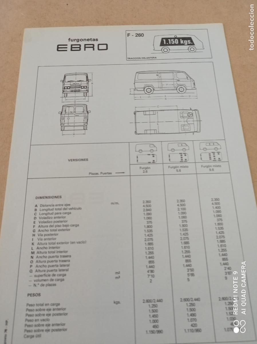 Automobili e Motociclette: HOJA TECNICA FURGONETAS EBRO F-260. 21 X 30 CM APROX.