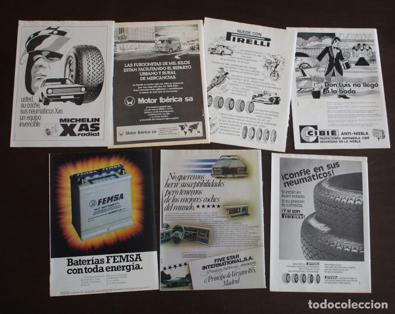 Carros e motociclos: LOTE 7 RECORTES PUBLICIDAD PIRELLI MICHELIN CIBIE MOTOR IBERICA FEMSA FIVE STAR&hellip; 28X21 CMS.