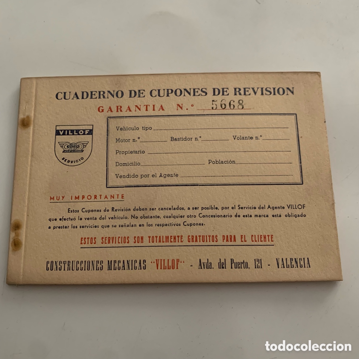 Autos und Motorr&auml;der: cuaderno de cupones de revision garantia motocicleta villof - valencia