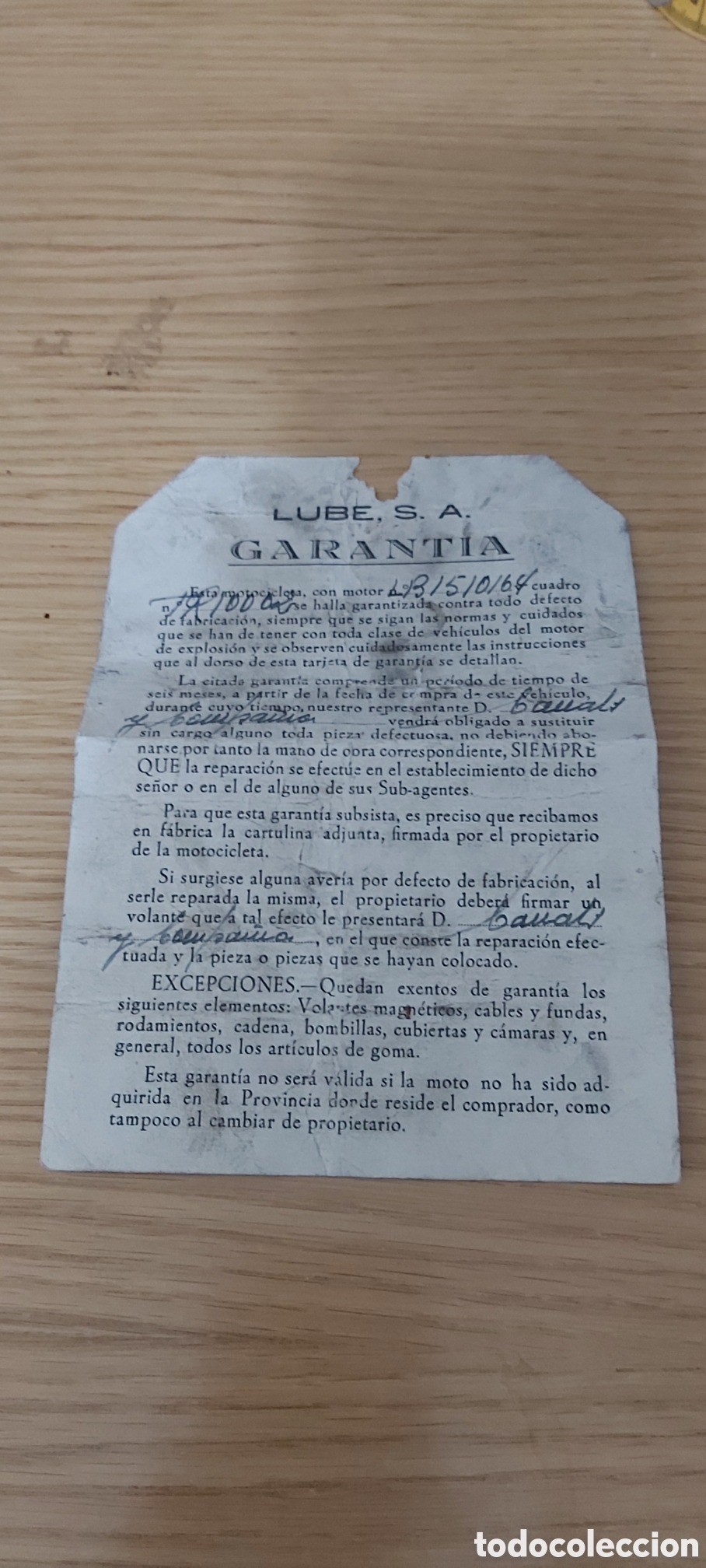 Autos und Motorr&auml;der: GARANTIA MOTOCICLETA LUBE 1964