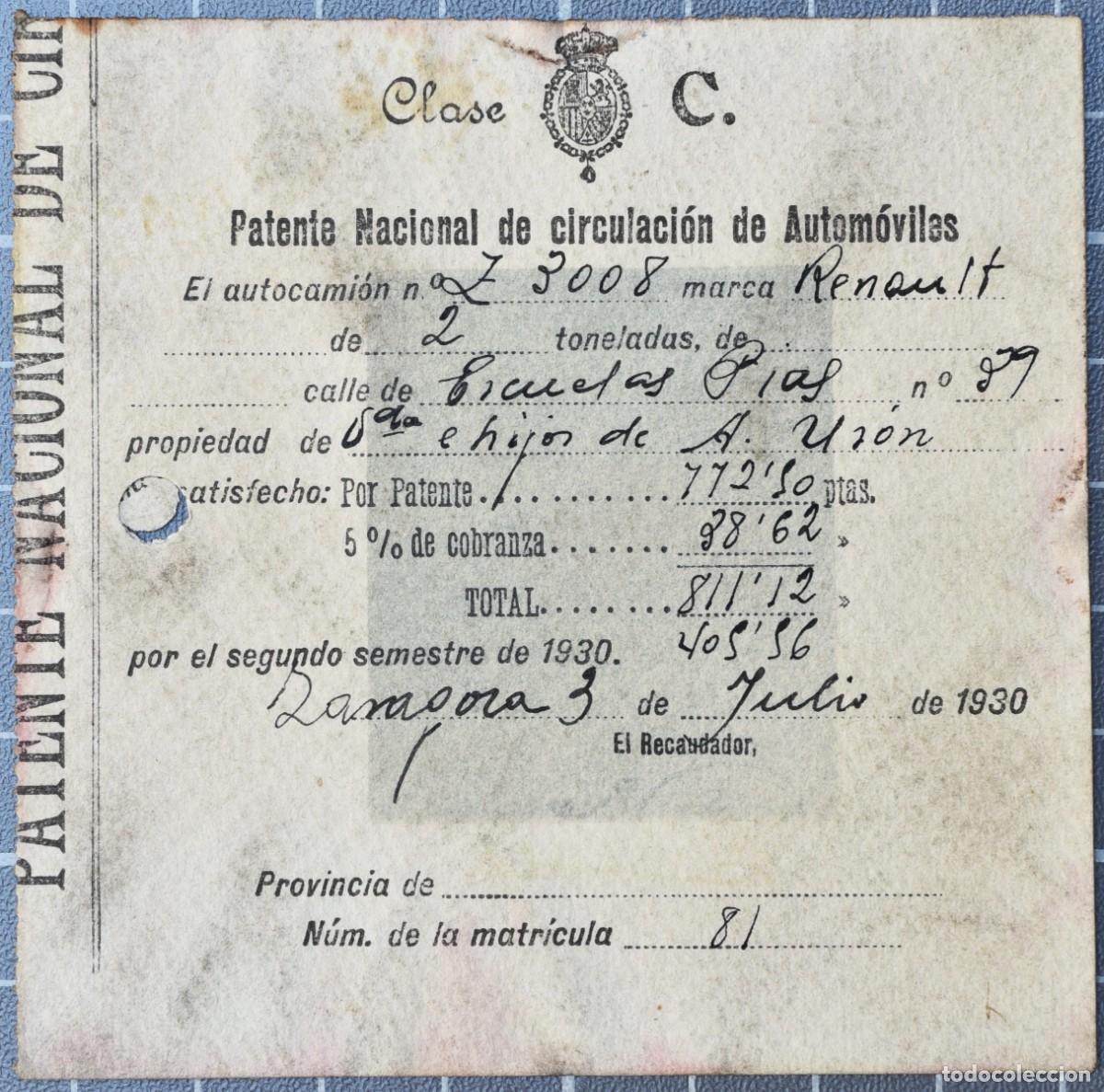 Automobili e Motociclette: Zaragoza. Patente Nacional de Circulaci&oacute;n 1930. Cami&oacute;n Renault matr&iacute;cula n&ordm;81