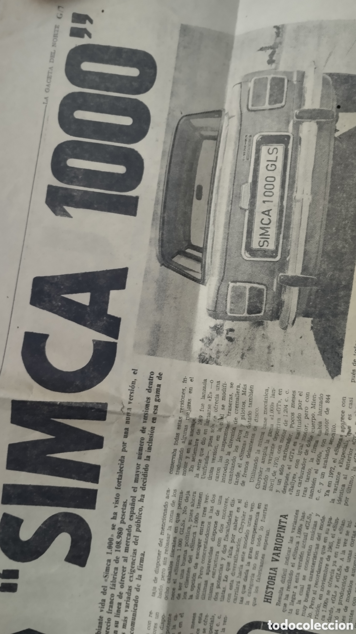 Carros e motociclos: SIMCA 1000 RECORTE DE GACETA DEL NORTE . A&Ntilde;O 1972