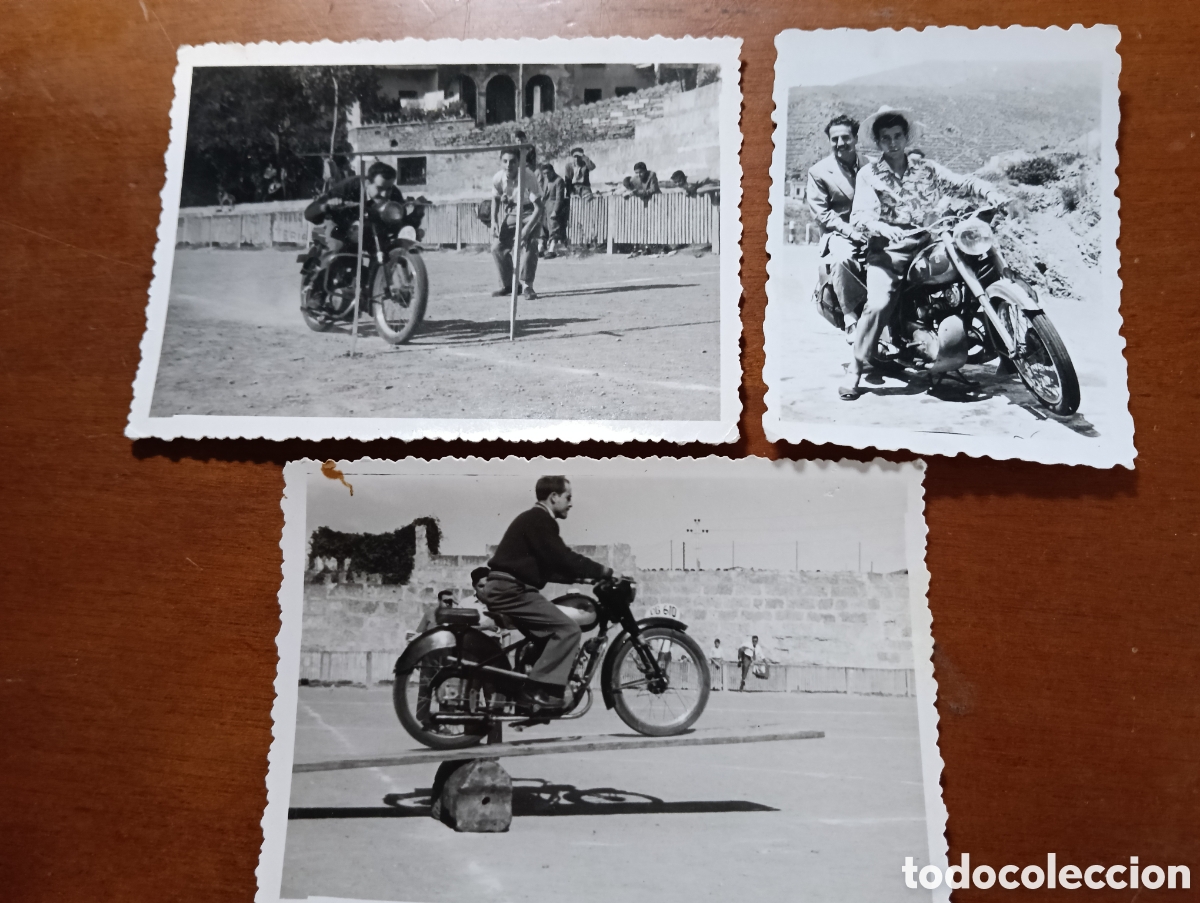 Automobili e Motociclette: Lote de 3 fotograf&iacute;as de motos en gincana y carretera a&ntilde;os 50