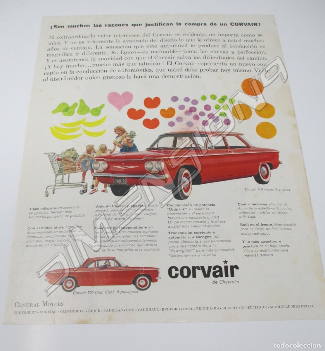 Coches y motocicletas: Publicidad de Prensa de Chevrolet Corvair de 1960, con reverso de Coca Cola. Mide 33 x 26 cm.