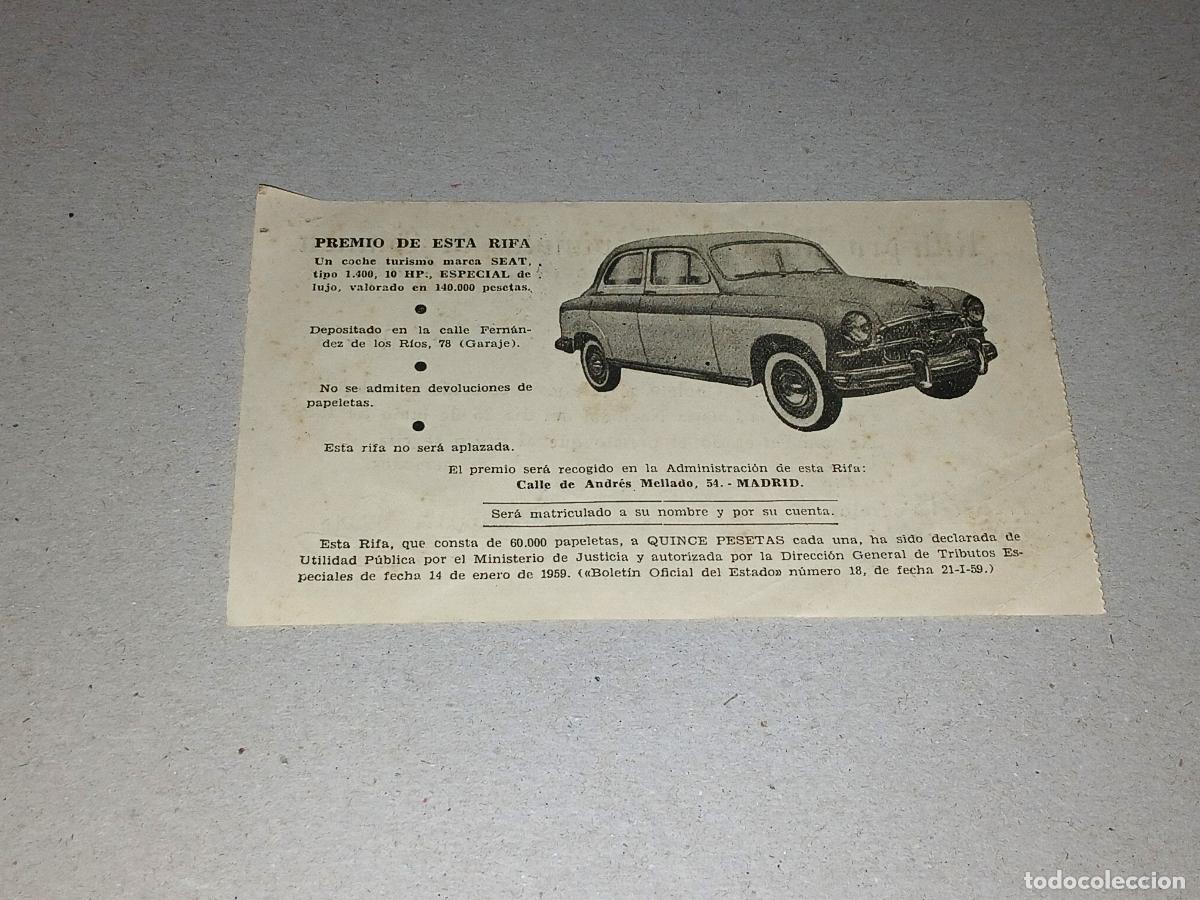 Coches y Motocicletas: Papel antiguo. Boleto rifa pro misiones espa&ntilde;olas de Guinea, 1959, Seat 1400 especial de lujo