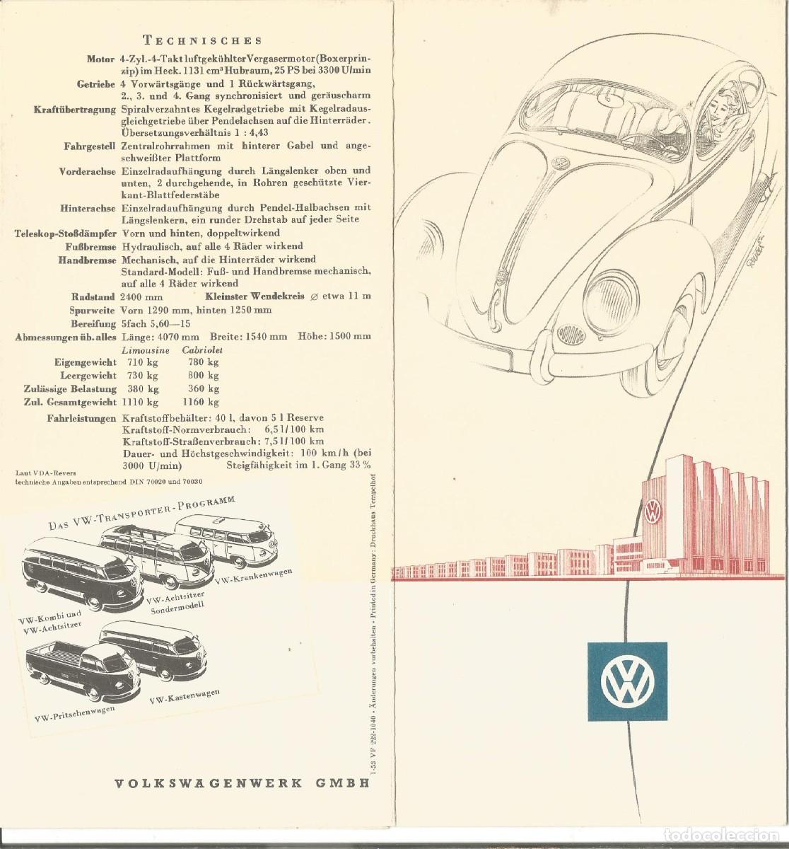 Coches y Motocicletas: Volkswagen K&auml;fer Escarabajo Stabdard / Export 1953 tr&iacute;ptico de 8 p&aacute;ginas en alem&aacute;n