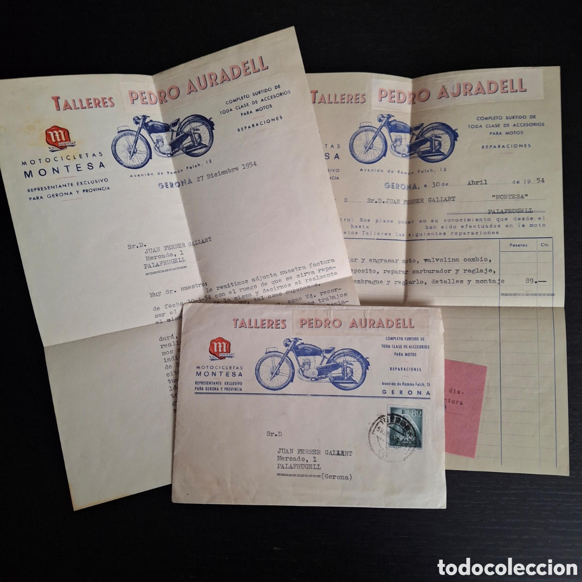 Coches y Motocicletas: MOTOCICLETAS MONTESA - TALLERES PEDRO AURADELL GERONA - SOBRE FACTURA CARTA A&Ntilde;O 1954 DOCUMENTOS