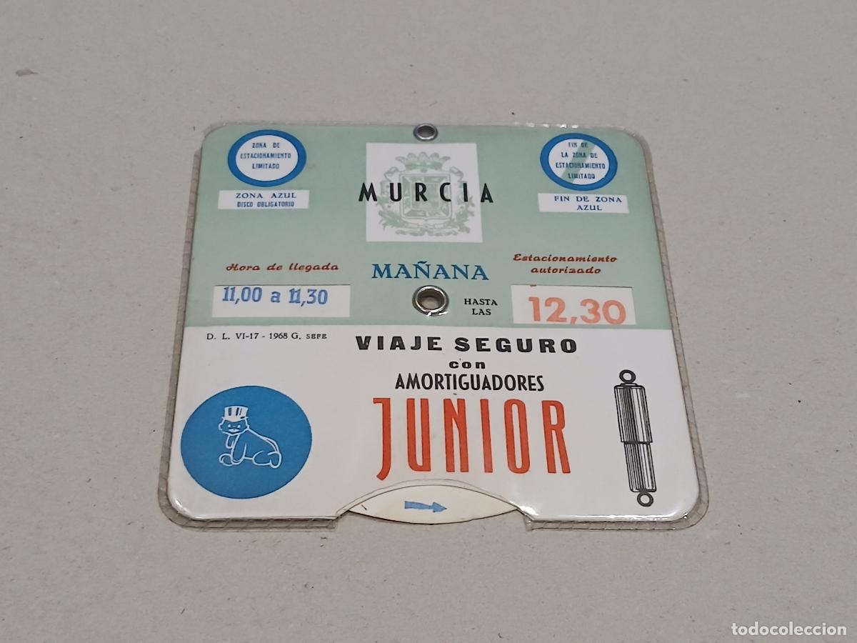 Coches y Motocicletas: Papel antiguo. Disco aparcamiento estacionamiento, Murcia 1968. Publicidad amortiguadores Junior