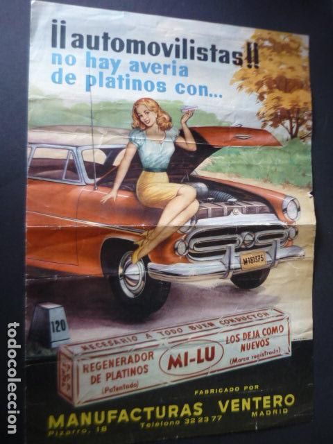 Coches y Motocicletas: CARTEL PUBLICIDAD REGENERADOS PLATINOS MI-LU AUTOMOVILISMO MANUFACTURAS VENTERO MADRID 23,5 X 33 CM