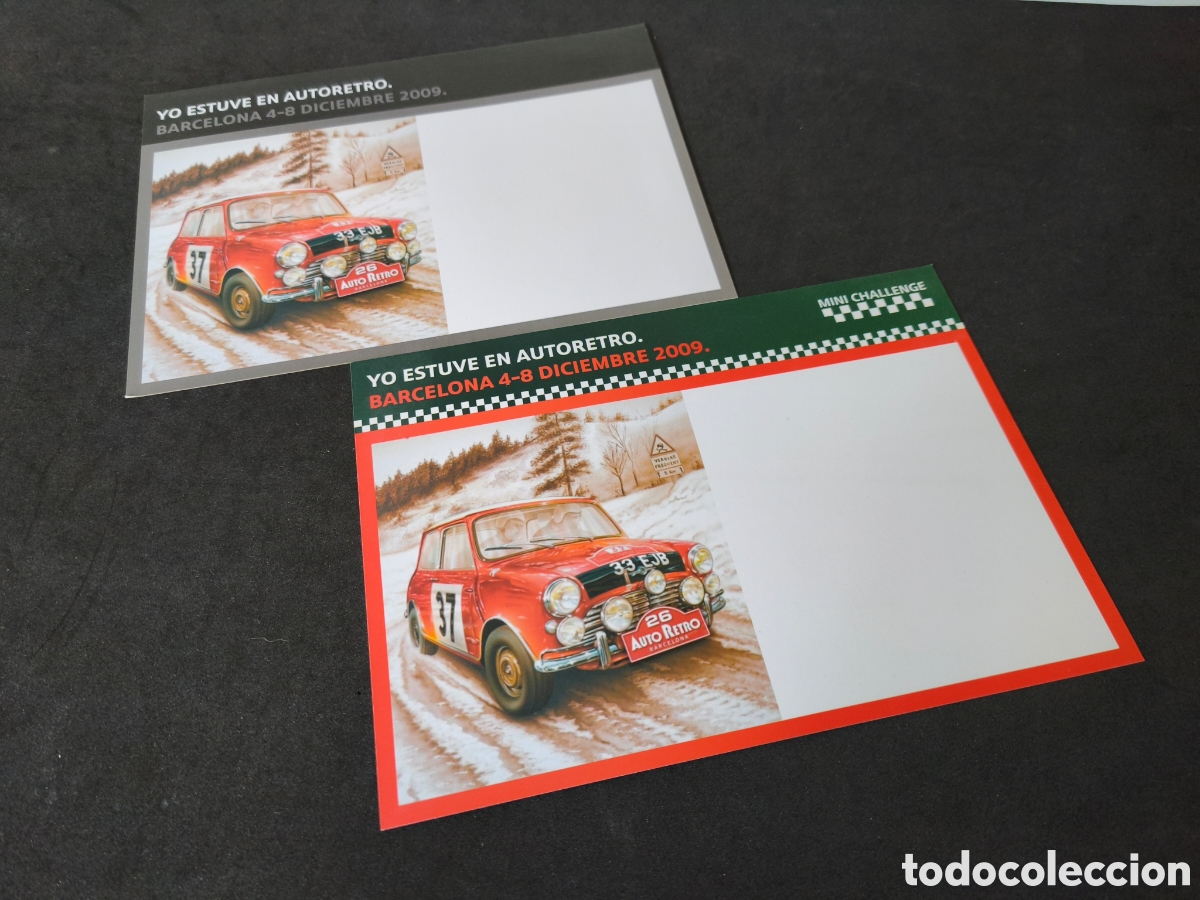 Coches y Motocicletas: 2 tarjetas sal&oacute;n Autoretro de Barcelona 2009 50 aniversario del Mini 33 EJB JCW COOPER
