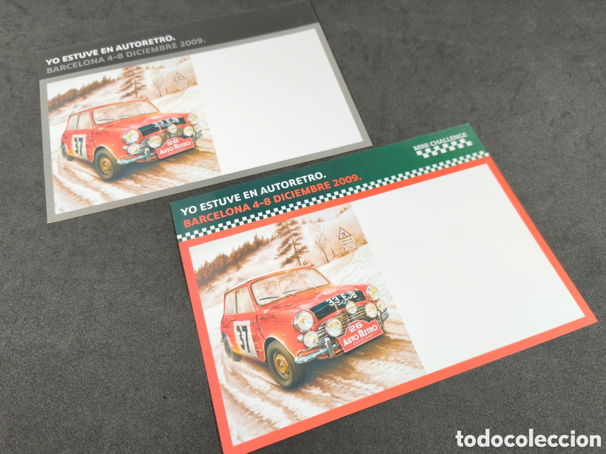 Coches y Motocicletas: 2 tarjetas sal&oacute;n Autoretro de Barcelona 2009 aniversario 50 a&ntilde;os del Mini 33 EJB COOPER JCW