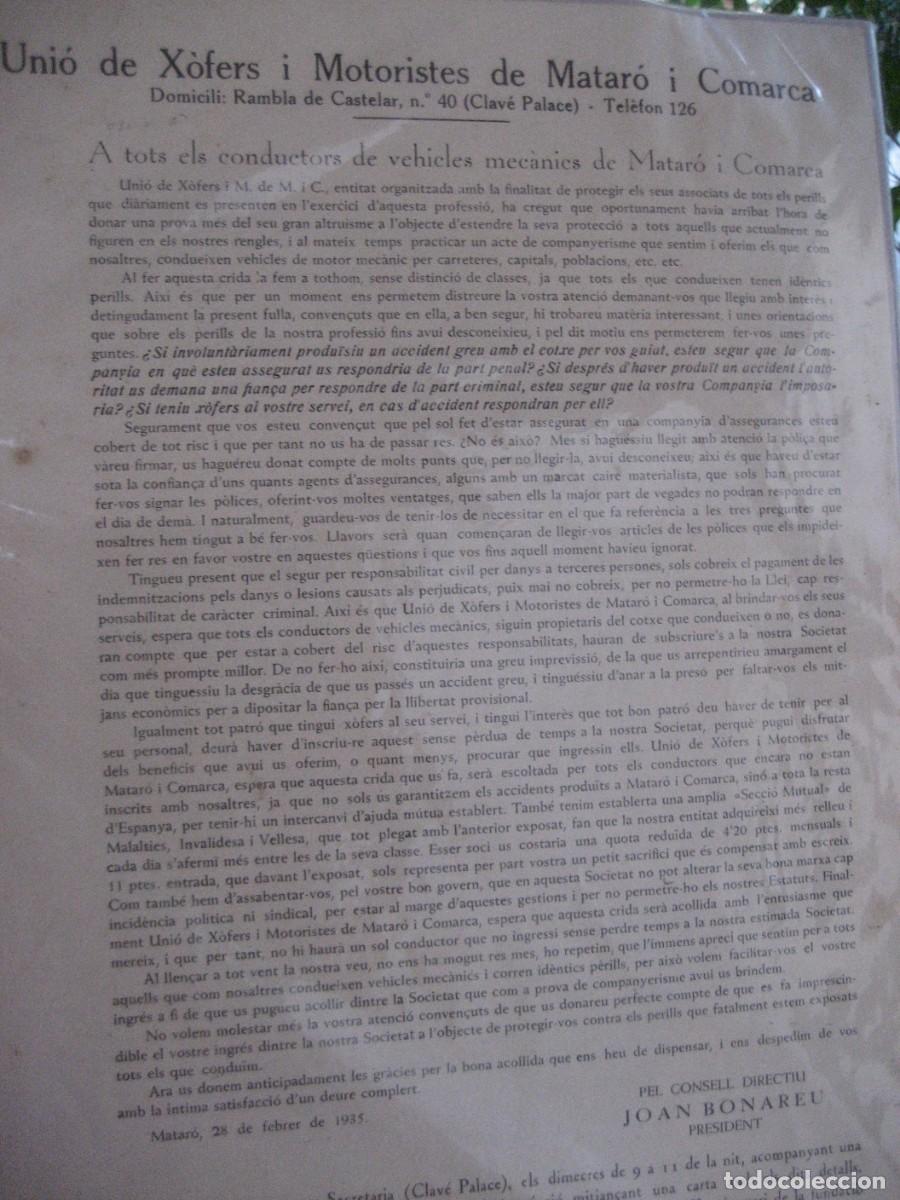 Coches y Motocicletas: Circular de Uni&oacute; de Xofers i Motoristes de Matar&oacute; . 1935 - demanda inscripci&oacute; al seguro de accidente