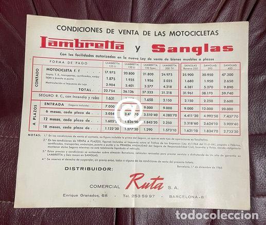 Coches y Motocicletas: HOJA PUBLICITARIA PRECIOS CONDICIONES VENTA MOTO SANGLAS SCOOTER LAMBRETTA COMERCIAL RUTA A&Ntilde;O 1966