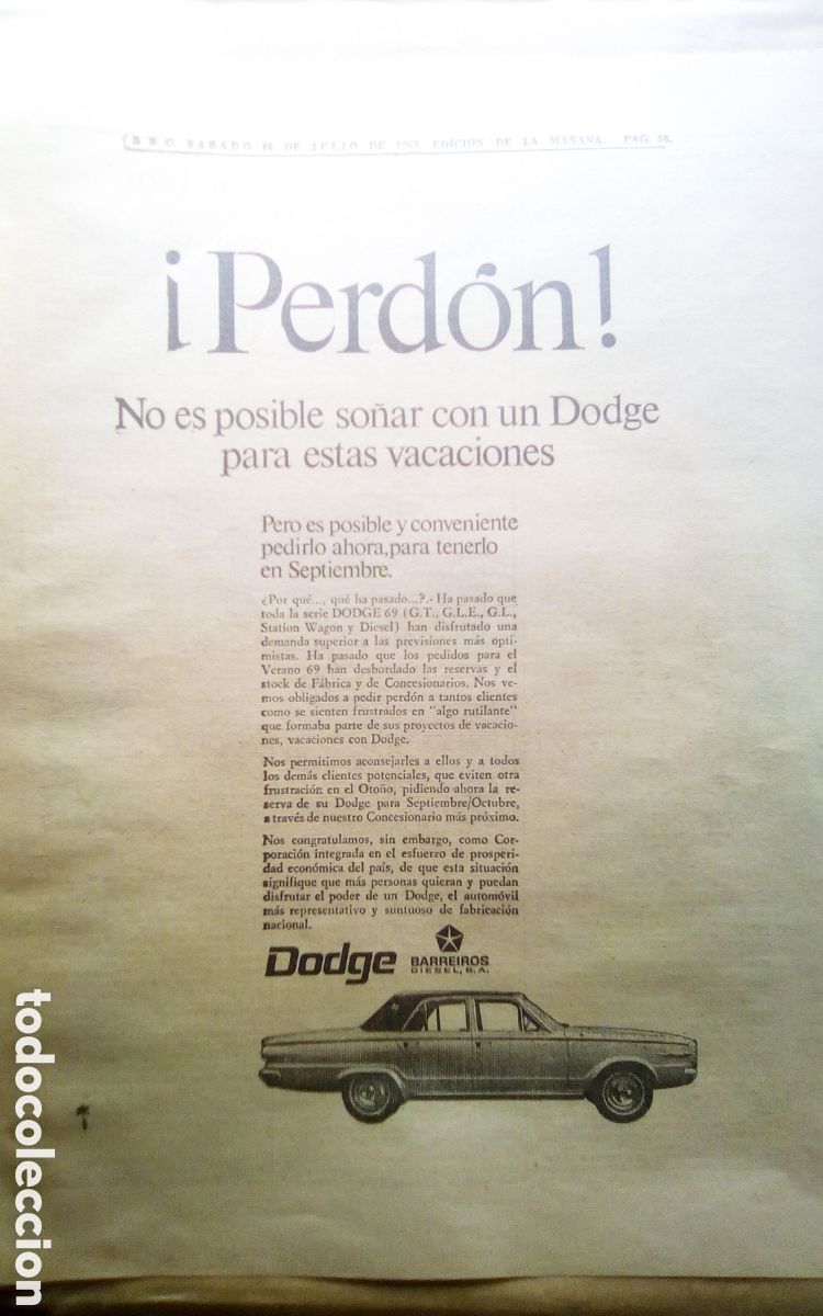Coches y motocicletas: Hoja peri&oacute;dico ABC, a&ntilde;o 1969. Publicidad Dodge 69. Barreiros Diesel.