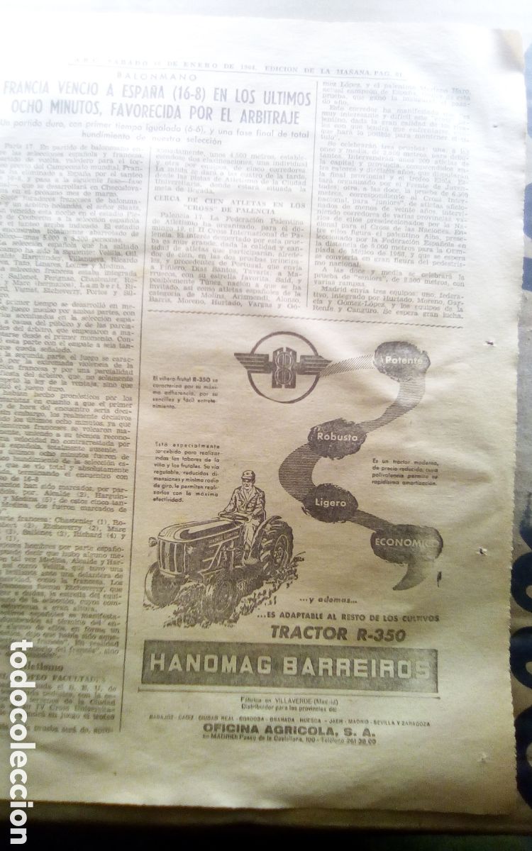 Coches y motocicletas: Hoja peri&oacute;dico ABC, a&ntilde;o 1965. Publicidad tractor Hanomag Barreiros.