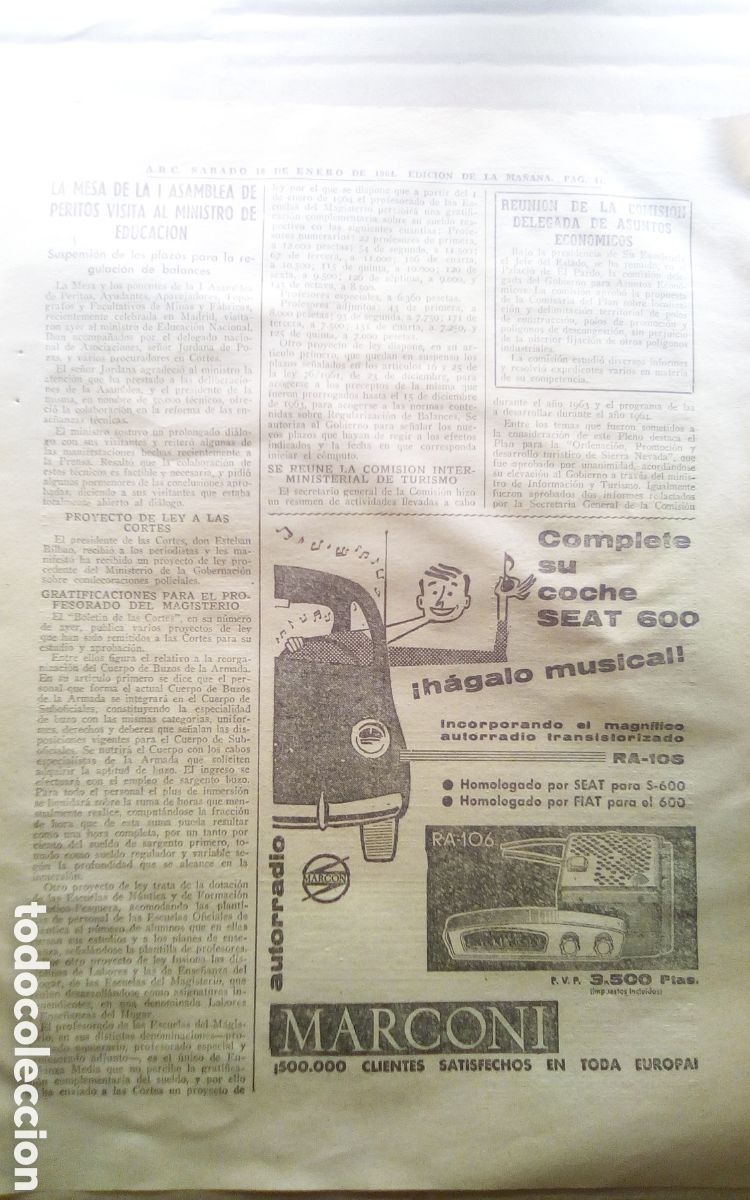 Coches y motocicletas: Hoja peri&oacute;dico ABC, a&ntilde;o 1964. Publicidad autorradio Marconi RA-106 para Seat 600.