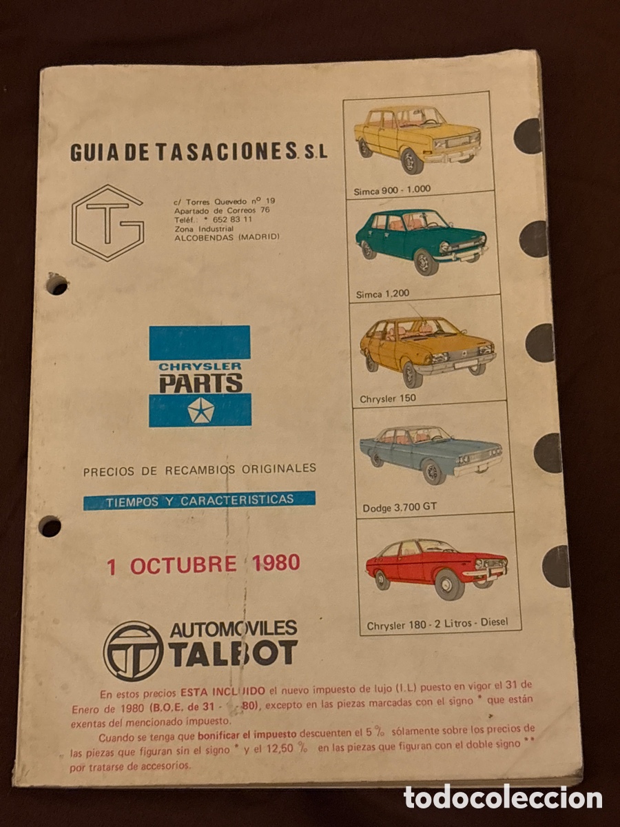 Coches y motocicletas: LIBRO MANUAL GU&Iacute;A DE TASACIONES CHRYSLER Y TALBOT ( AUTOM&Oacute;VILES COCHE AUTO) 1980