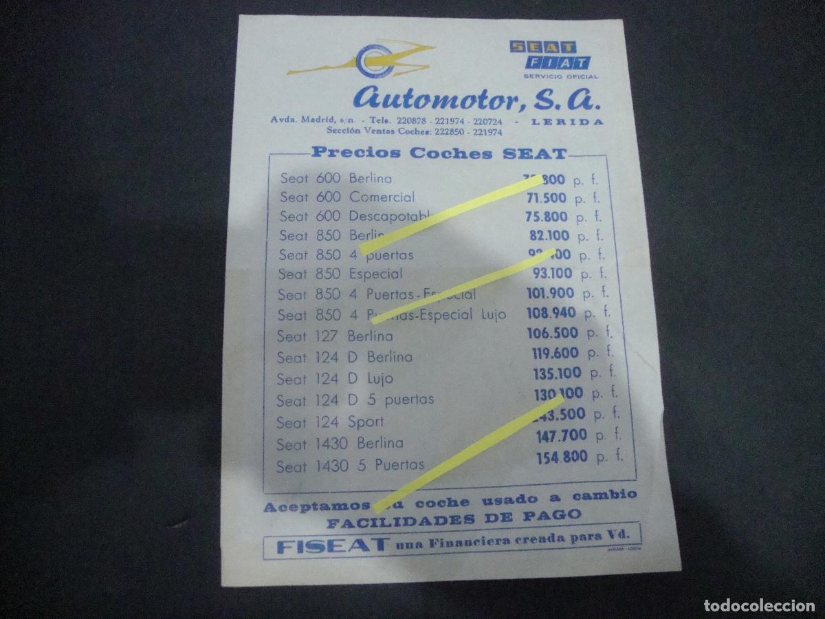 Coches y motocicletas: FOLLETO PUBLICIDAD AUTOMOTOR LERIDA PRECIOS COCHES SEAT 600 SEAT 850 SEAT 124 Y SEAT 1430