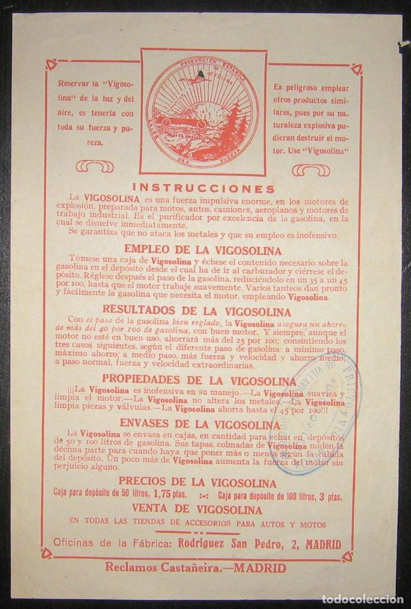 Automobili e Motociclette: HOJA PUBLICITARIA ORIGINAL DE VIGOSOLINA, ADITIVO PARA GASOLINA DE LOS A&Ntilde;OS 20.