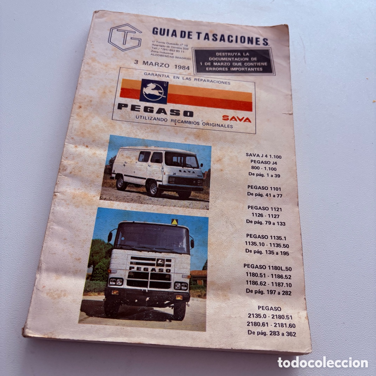 Coches y motocicletas: guia de tasaciones de 1984 sava pegaso j4 800-1100-1101--1121-1135 1 10 50 -1180l-2135-2180-2181