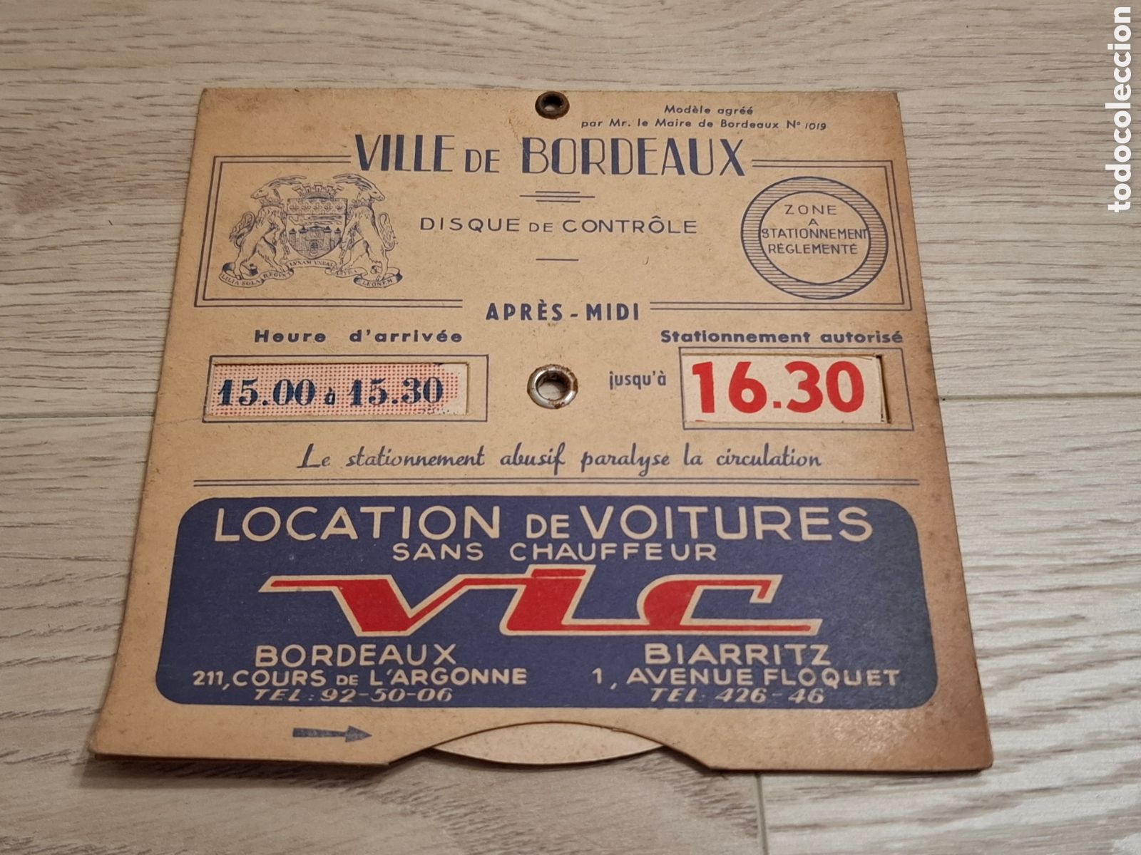 Coches y motocicletas: Disco m&oacute;vil de horario de aparcamiento Ville de Bordeaux, Burdeos, a&ntilde;os 50 ? para poner en el coche