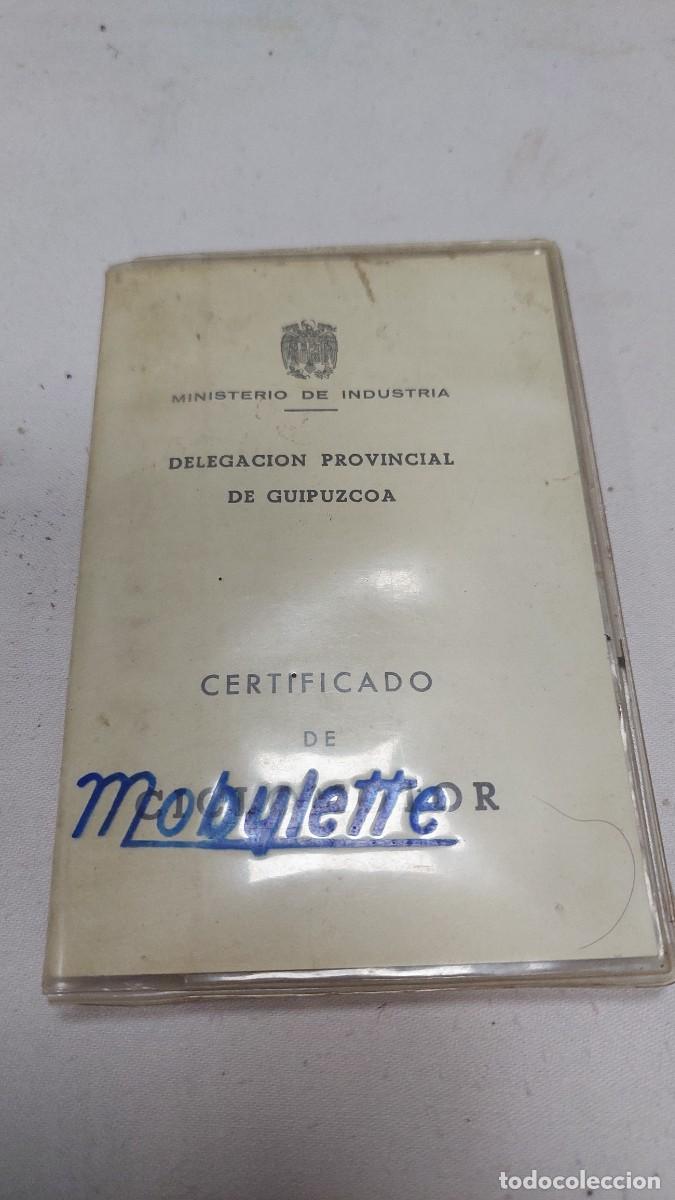 Coches y motocicletas: Antiguo certificado de ciclomotor Mobylette