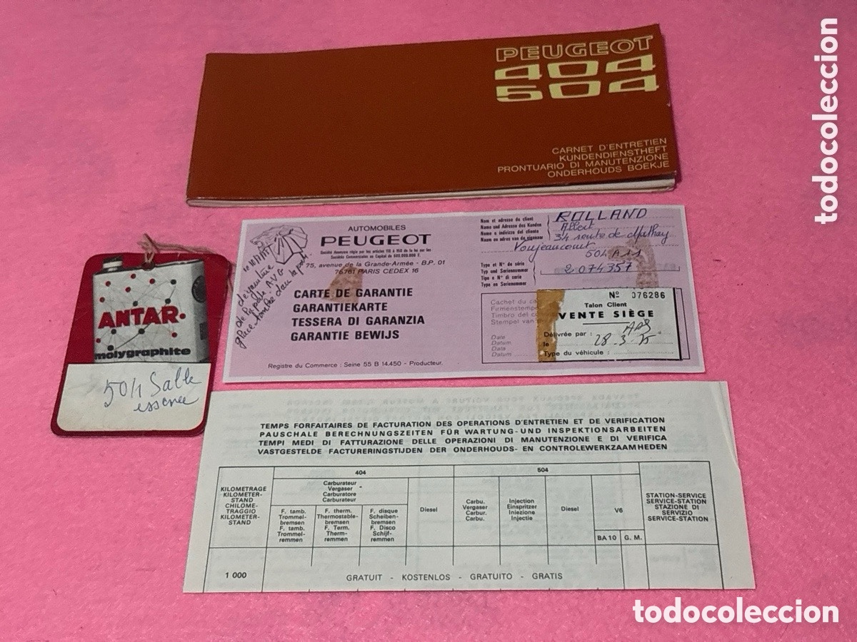Coches y motocicletas: Documentaci&oacute;n + Libro de mantenimiento Peugeot 404 y 504 sin usar (A8)