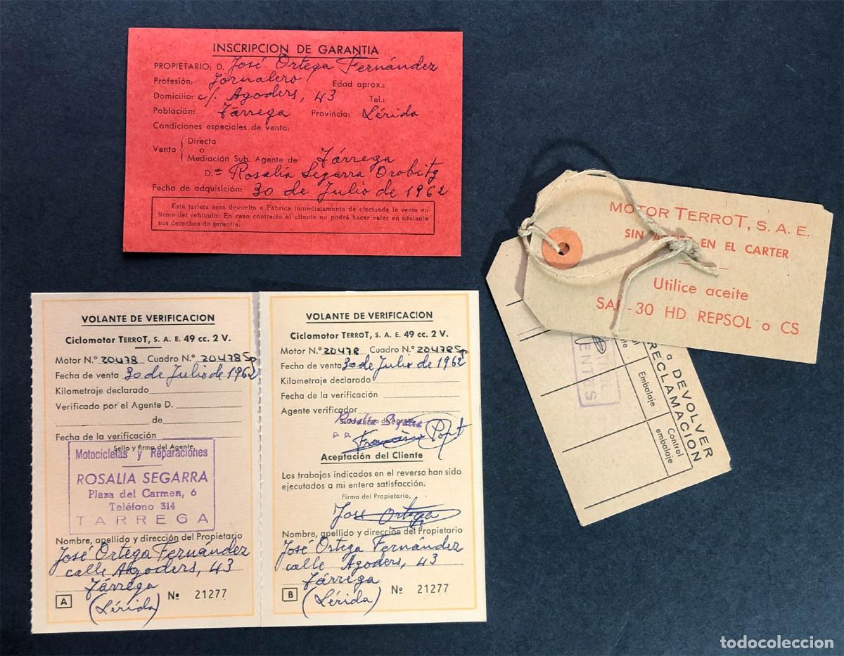 Coches y motocicletas: CICLOMOTOR TERROT / GARANT&Iacute;A, VERIFICACI&Oacute;N, TARJETA ACEITE MOTOR / A&Ntilde;O 1962