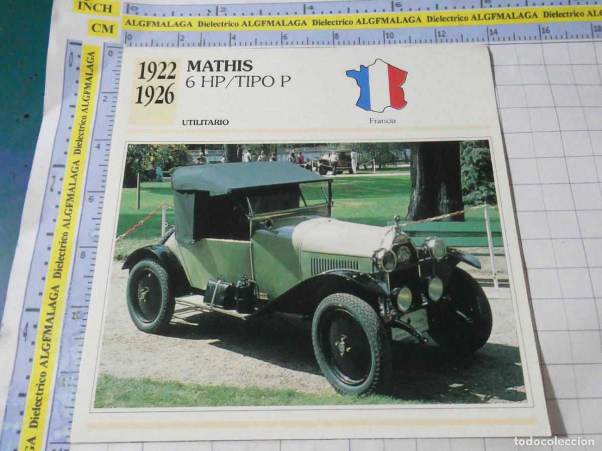 Coches y motocicletas: TARJETA FICHA T&Eacute;CNICA COCHES COLECCI&Oacute;N PLANETA AGOSTINI FRANCIA 1922 MATHIS 6HP P. 1118