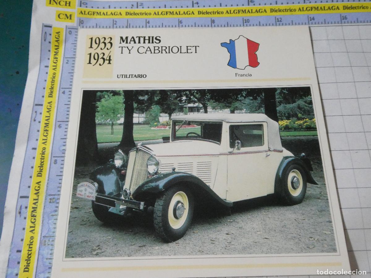 Coches y motocicletas: TARJETA FICHA T&Eacute;CNICA COCHES COLECCI&Oacute;N PLANETA AGOSTINI FRANCIA 1933 MATHIS TY CABRIOLET. 1122