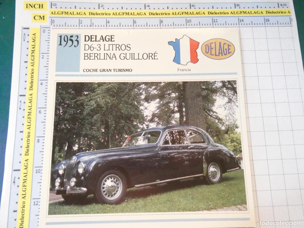 Coches y motocicletas: TARJETA FICHA T&Eacute;CNICA COCHES COLECCI&Oacute;N PLANETA AGOSTINI FRANCIA. 1953 DELAGE D6-3L BERLINA 1182
