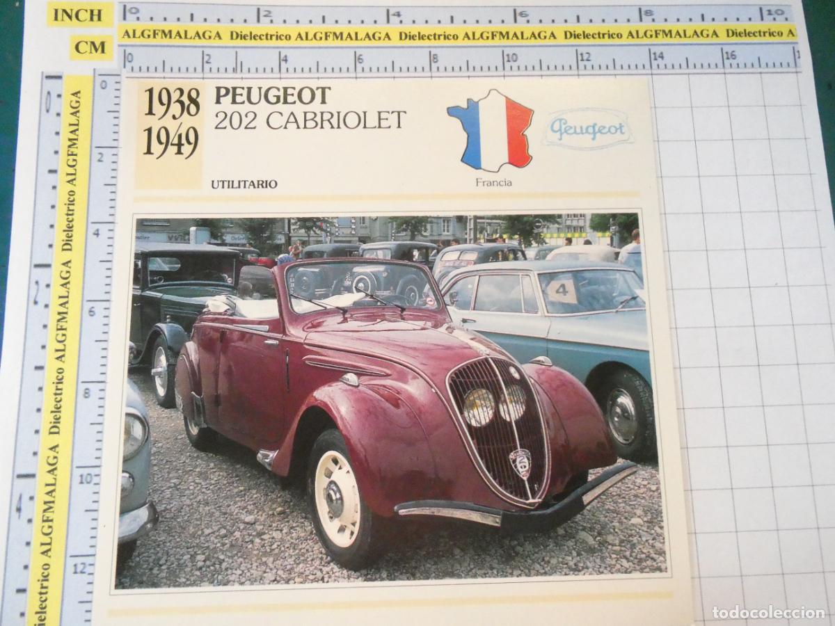 Coches y motocicletas: TARJETA FICHA T&Eacute;CNICA COCHES COLECCI&Oacute;N PLANETA AGOSTINI FRANCIA. 1938 PEUGEOT 202 CABRIOLET 1186