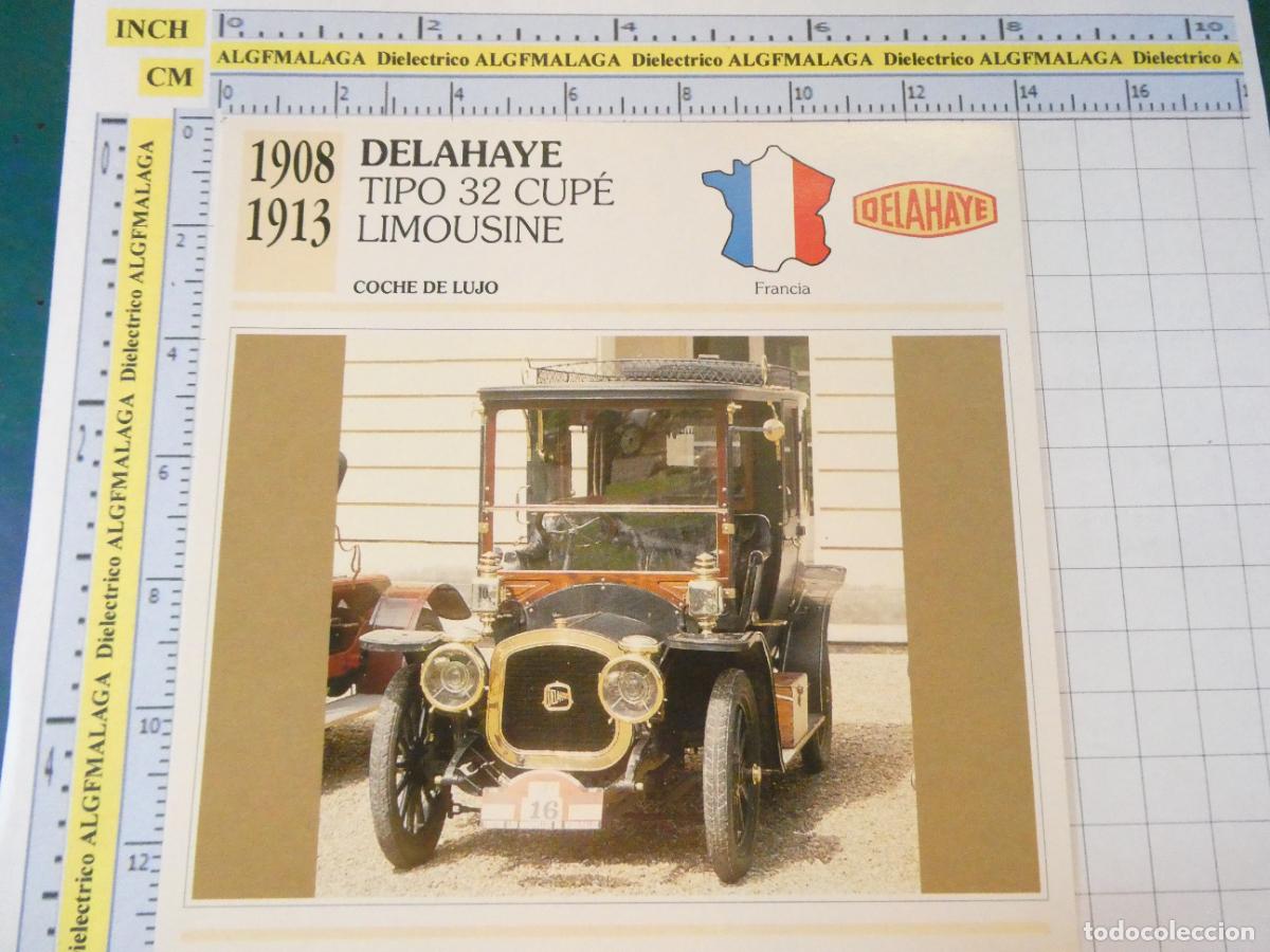 Coches y motocicletas: TARJETA FICHA T&Eacute;CNICA COCHES COLECCI&Oacute;N PLANETA AGOSTINI FRANCIA. 1908 DELAHAYE TIPO 32 1196