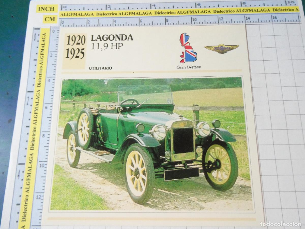 Coches y motocicletas: TARJETA FICHA T&Eacute;CNICA COCHES COLECCI&Oacute;N PLANETA AGOSTINI REINO UNIDO. 1920 LAGONDA 11,9HP 1203