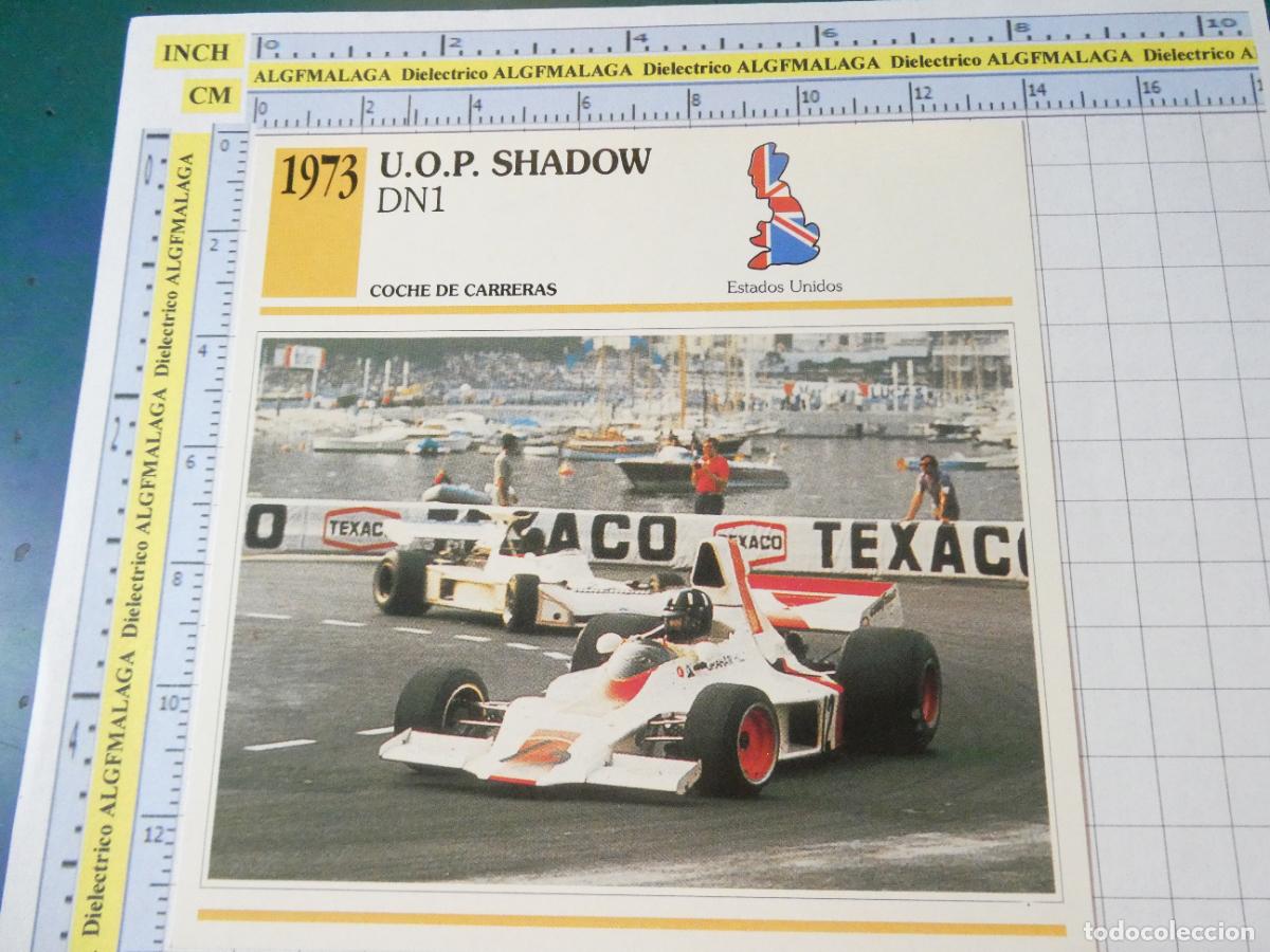 Coches y motocicletas: TARJETA FICHA T&Eacute;CNICA COCHES COLECCI&Oacute;N PLANETA AGOSTINI REINO UNIDO. 1973 UOP SHADOW DN1 1217