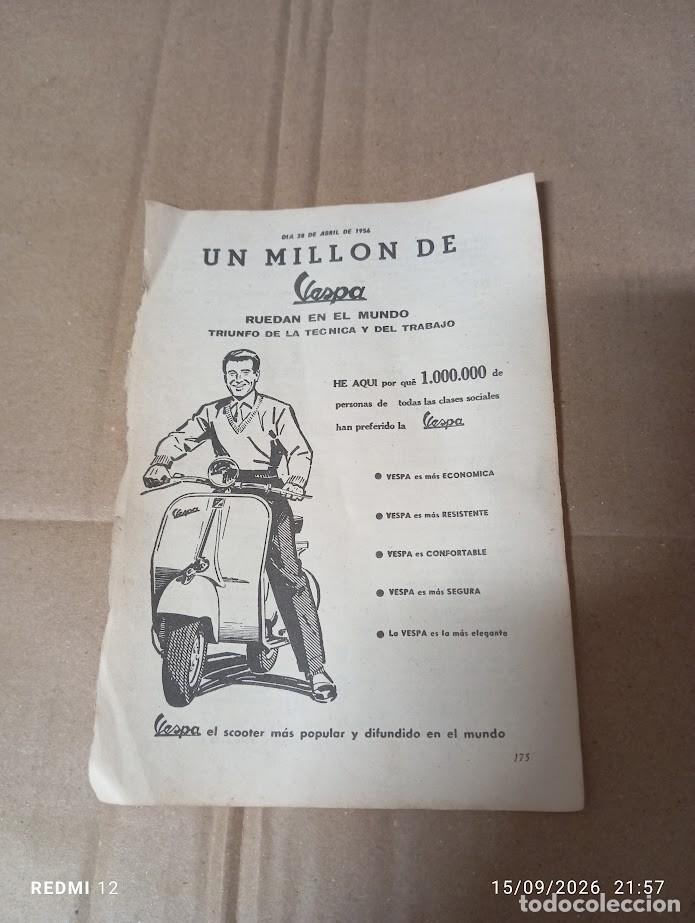 Coches y motocicletas: RECORTE VESPA 1956 / 1.000.000 DE VESPAS ESPA&Ntilde;A