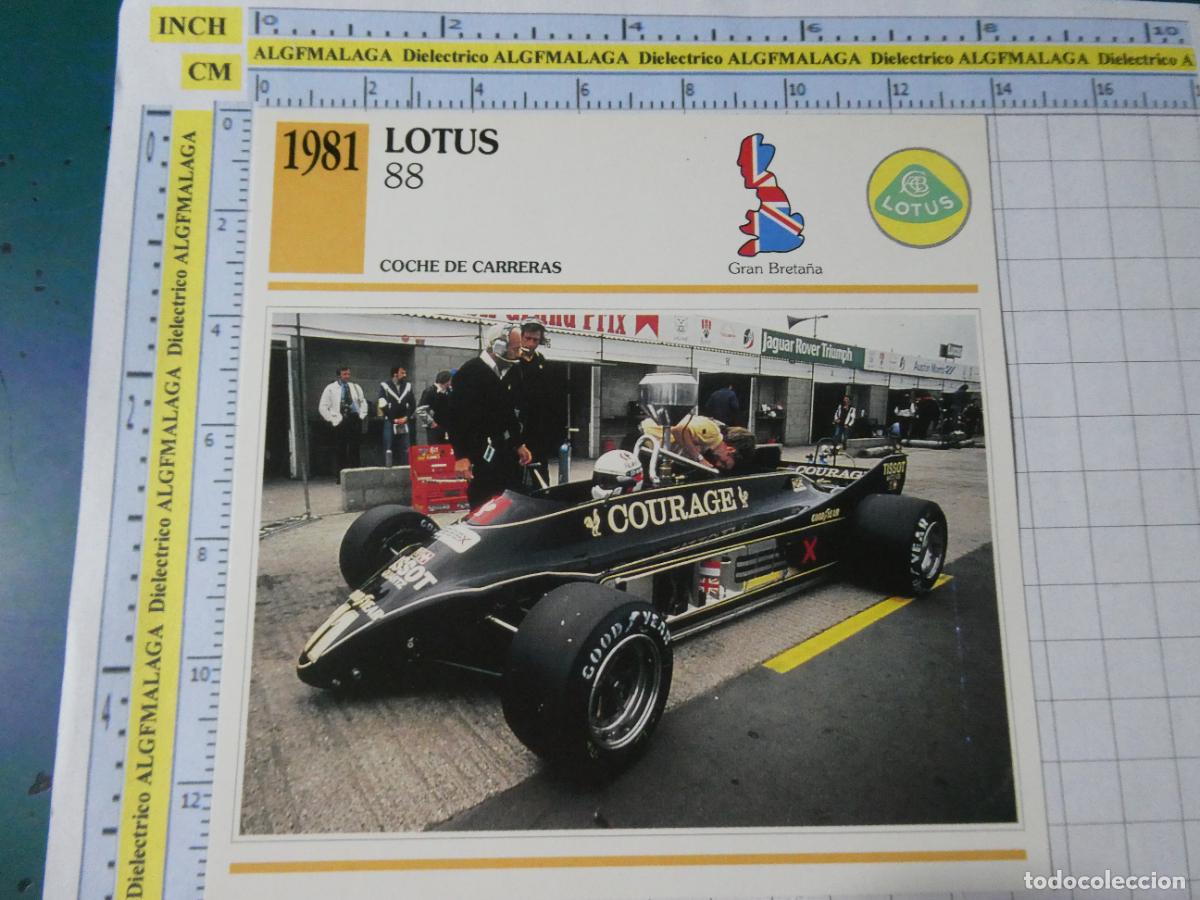 Coches y motocicletas: TARJETA FICHA T&Eacute;CNICA COCHES COLECCI&Oacute;N PLANETA AGOSTINI REINO UNIDO. 1981 LOTUS 88 1295