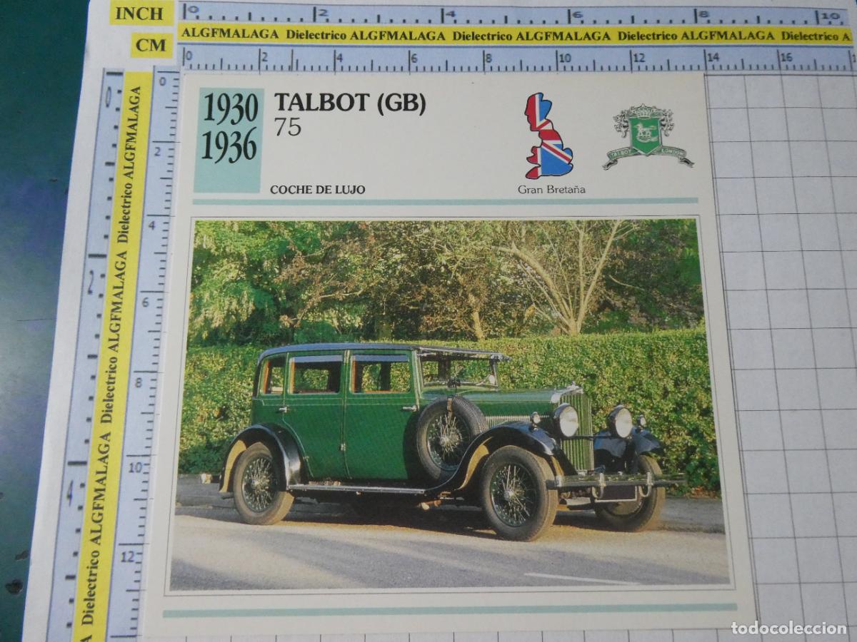 Coches y motocicletas: TARJETA FICHA T&Eacute;CNICA COCHES COLECCI&Oacute;N PLANETA AGOSTINI REINO UNIDO. 1930 TALBOT GB 75 1315
