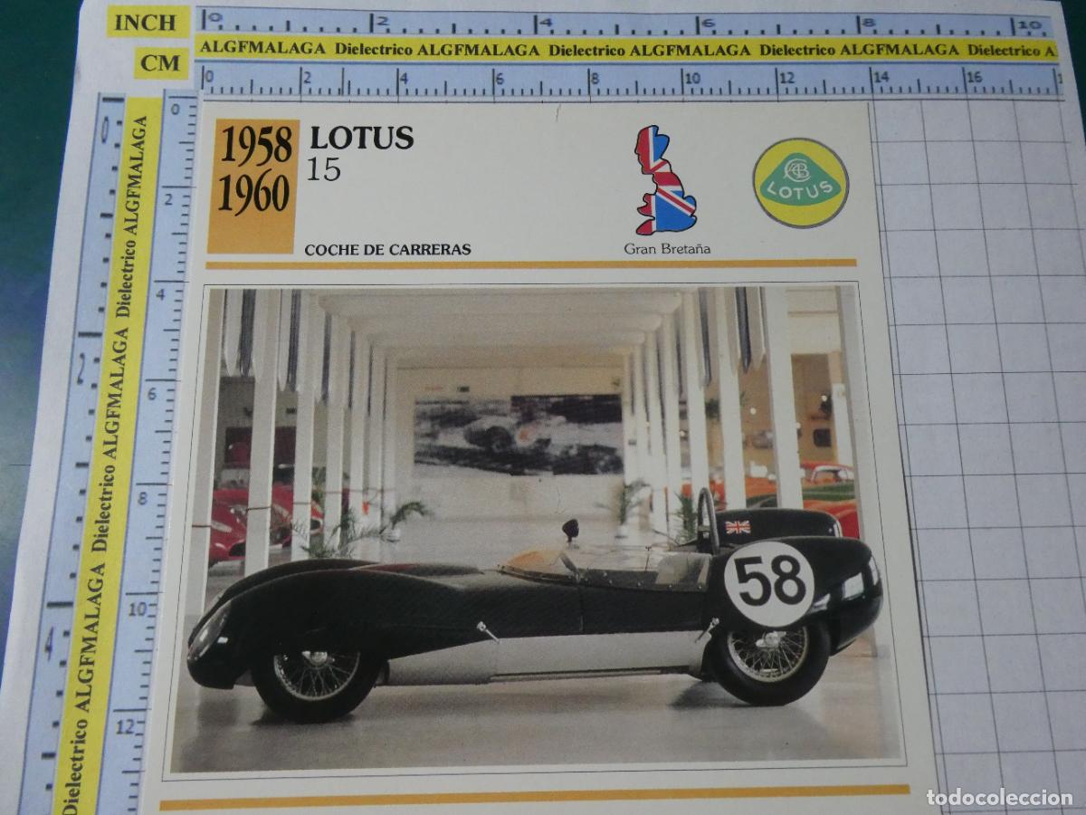 Coches y motocicletas: TARJETA FICHA T&Eacute;CNICA COCHES COLECCI&Oacute;N PLANETA AGOSTINI REINO UNIDO. 1958 LOTUS 15 1316