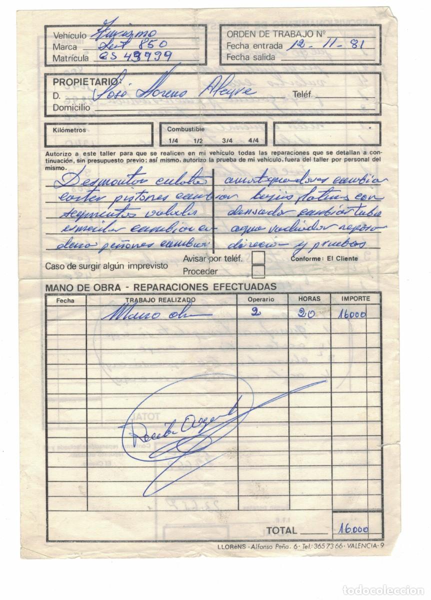 Coches y motocicletas: Documento Taller 1981 - Reparaci&oacute;n completa motor SEAT 850 - Orden de Trabajo Original-Valencia