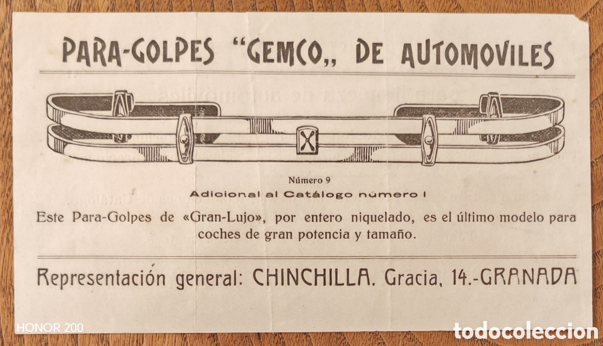 Coches y motocicletas: Octavilla flyer Publicitario - Para-golpes Gemco, y Gamuzas Universal - Chinchilla. Granada A&ntilde;os 20