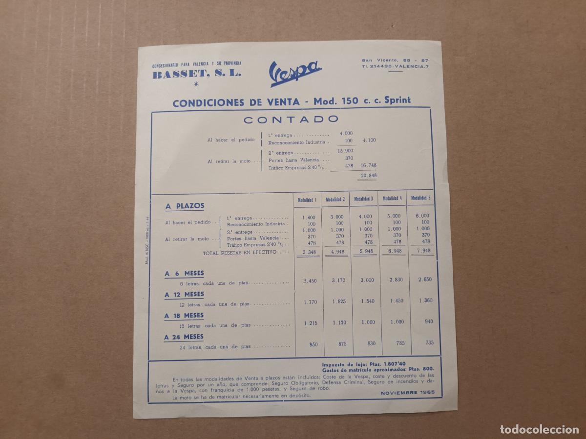 Coches y motocicletas: MOTO VESPA CONDICIONES VENTA MODELO 150 C C SPRINT 1965. Concesionario Basset Valencia