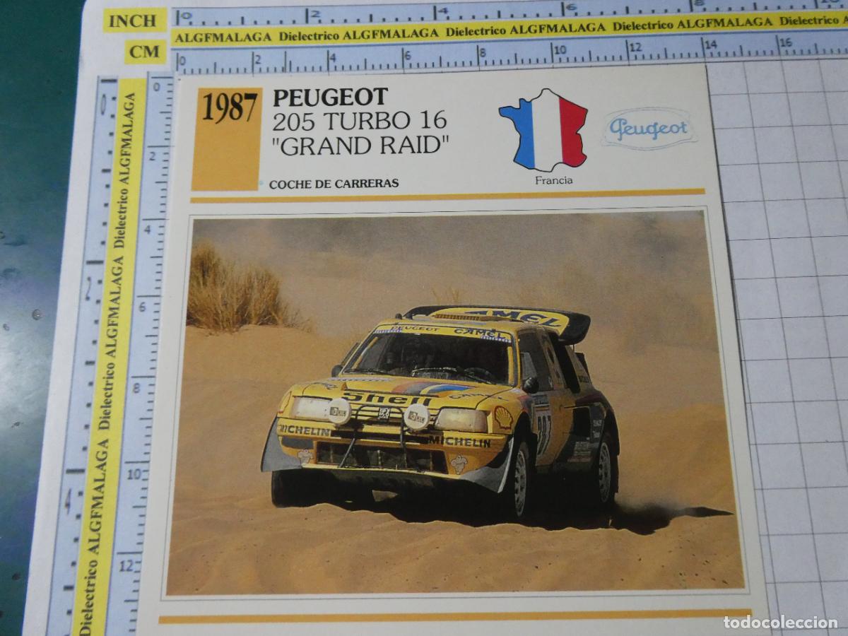 Coches y motocicletas: TARJETA FICHA T&Eacute;CNICA COCHES COLECCI&Oacute;N PLANETA AGOSTINI FRANCIA 1987 PEUGEOT 205 TURBO 16 RAID 1318