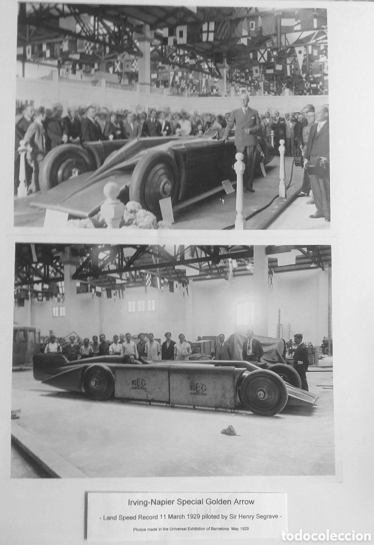 Coches y motocicletas: LAMINA DE 2 FOTOGRAFIAS DEL GOLDEN ARROW,FLECHA DE ORO,EXPOSICION UNIVERSAL BARCELONA 1929.
